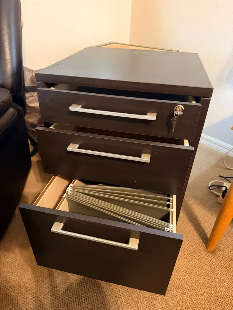3 Drawer Black Wood Filing Cabinet On Wheels With Key