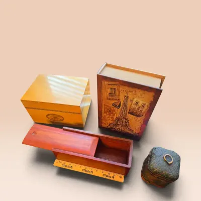Decorative Wooden & Woven Keepsake Box Collection – 4 Pieces