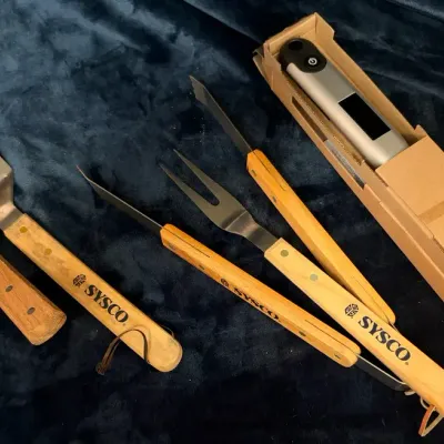 Vintage SYSCO Heavy Duty BBQ Grilling Tool Set – Spatulas, Fork, Tongs, & Thermometer