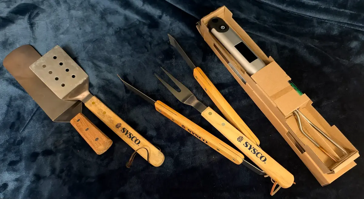 Vintage SYSCO Heavy Duty BBQ Grilling Tool Set – Spatulas, Fork, Tongs, & Thermometer