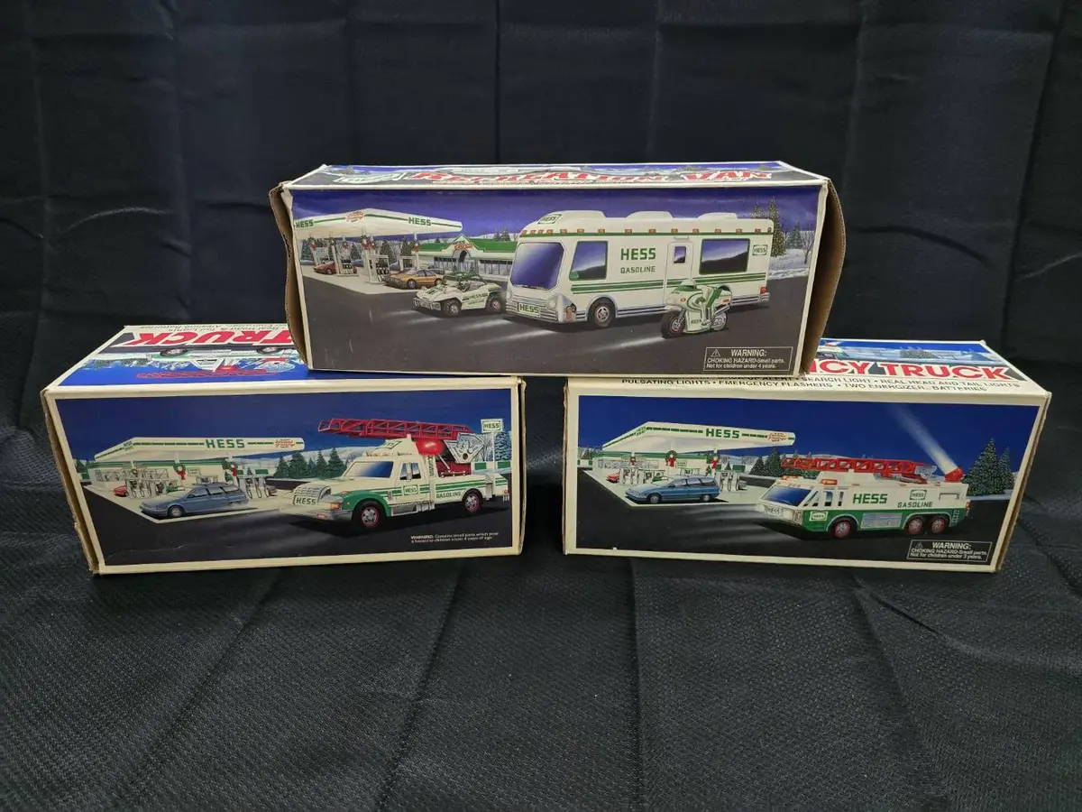 Vintage Hess Toy Truck Collection Lot of 3 - Emergency, Rescue, & Recreation Van (In Boxes) 