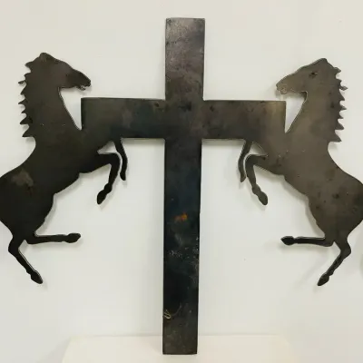 Cross and Horse Metal Grave / Memorial Marker 