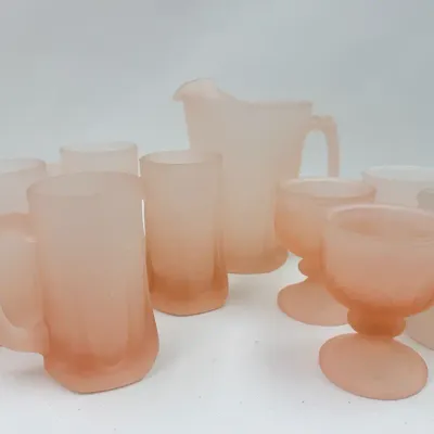 Vintage Indiana Glass / Tiara Exclusives Frosted Pink Satin Glass Drinkware Set