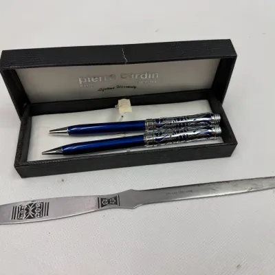 Pierre Cardin Blue & Silver Pen Set w/ Case + Vintage Letter Opener