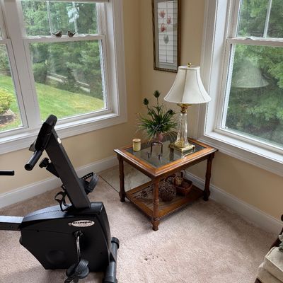Schwinn stationary exercise bike alongside a traditional wood and glass-top end table with a brass and glass table lamp.