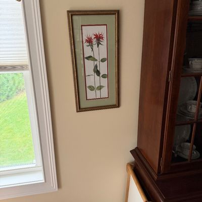 Framed botanical print of red bee balm flowers, double-matted in green and red with a gilded wood frame.