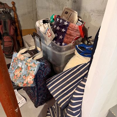 Assorted household items including a paisley rolling suitcase, a floral tote bag, a striped fabric item, and plastic storage bins filled...
