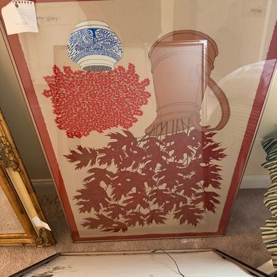 Framed and matted limited edition print by Judith Shahn, featuring a stylized still life of a blue and white ceramic vessel with red...