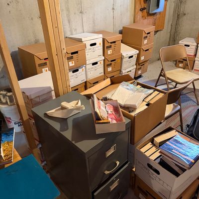 Two-drawer gray metal filing cabinet surrounded by numerous cardboard storage boxes filled with books and papers in a basement setting.