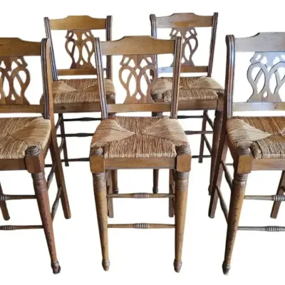 Set of 5 Rustic Farmhouse Solid Wood Bar Stools with Woven Rush Seats and Carved Backs