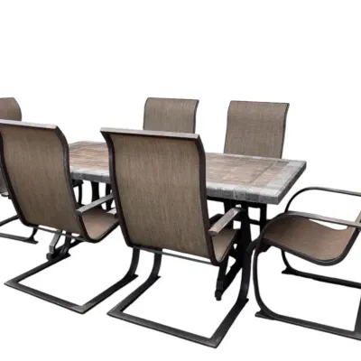 Large Tile-Top Patio Dining Table with 6 Sling-Back Armchairs