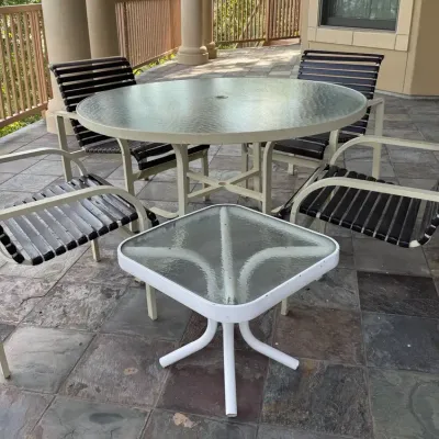 Outdoor Patio Set: Round Glass-Top Dining Table, Vinyl Strap Chairs, & Accent Table