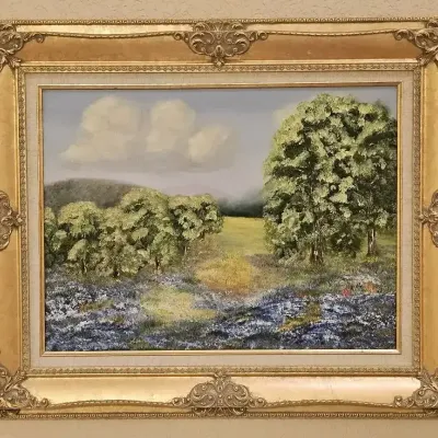 Original Texas Hill Country Bluebonnet Oil Painting in Ornate Gold Baroque Frame