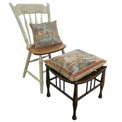 Ethan Allen “Thumb-Back” Windsor Chair, Stool, & Belgian Jacquard Bruges Tapestry Pillows