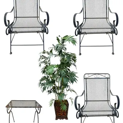 MCM Wrought Iron Bounce Rocker Patio Seating Set & Faux Bamboo Palm