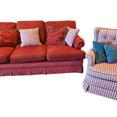 Vintage Country Style Red Skirted Sofa & Gingham Swivel Chair 
