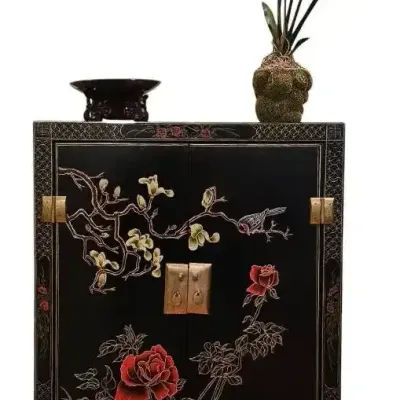 Vintage Hand-Painted Chinoiserie Black Lacquer Cabinet & Asian Decor 