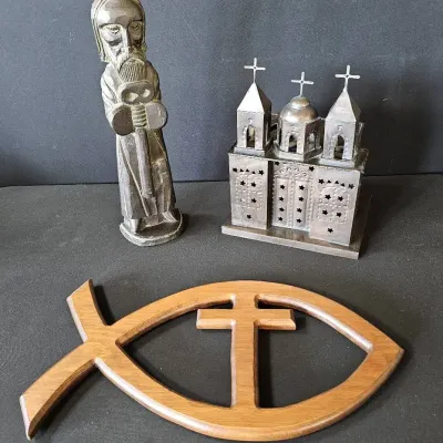 Vintage Christian Folk Art: Carved St. Peter, Ichthys Cross & Punched Tin Church Luminary