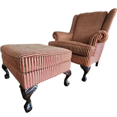 High-End Jessica Charles Custom Upholstered Armchair and Ottoman Lot 2
​Lot 2