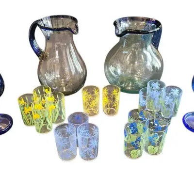 Hand-Blown Art Glass & Vintage Floral Glassware Set 