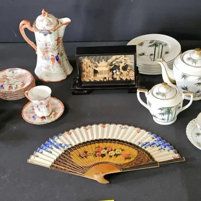 Vintage Asian Export Collection: Porcelain Sets & Cork Diorama Art