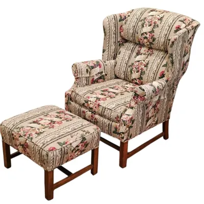 Classic Vintage English Country Floral Tapestry Wingback Chair & Matching Ottoman Set