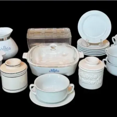Vintage Corning Ware, Hazel Atlas Depression Glass & White Kitchenware Collection
