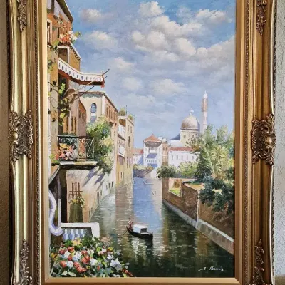 Original Venetian Canal Oil Painting in Heavy Baroque Frame by J. Abrams