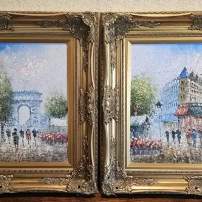 Original Impressionist Parisian Oil Paintings - Moulin Rouge & Arc de Triomphe