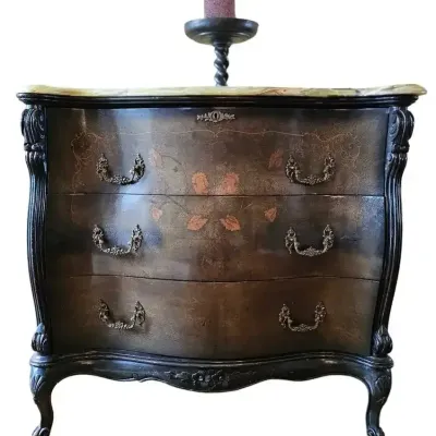 French Louis XV Style Marquetry Inlaid Bombay Chest with Figured Green Onyx Top  