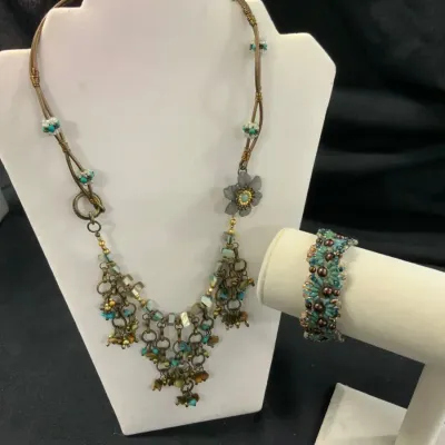 Turquoise & Bronze Artisan Necklace and Bracelet Set 