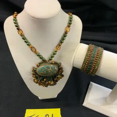 Green & Turquoise Statement Necklace with Beaded Cuff Bracelet 