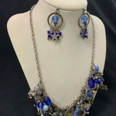 Blue & Silver Charm Necklace with Matching Earrings