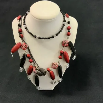 Red & Black Statement Necklace Duo