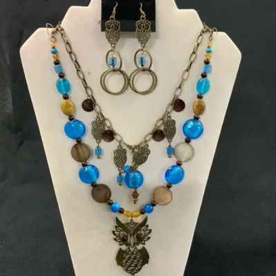 Blue & Bronze Owl Jewelry Set