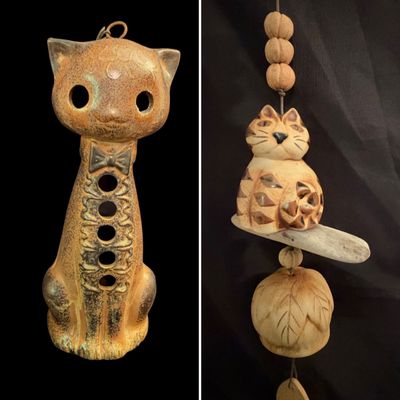 Pottery Cat Wind Chime By Hazel Olsen Plus Candle Holder (B1-RG)