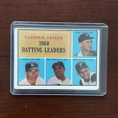 1961 Topps Baseball Card. NL Batting Leaders - Willie Mays, Roberto Clemente. Card #41