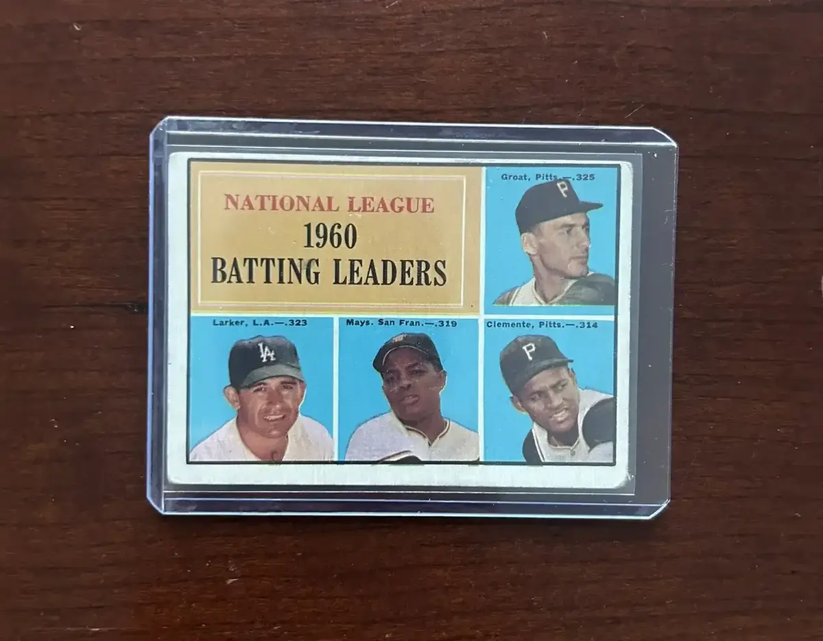 1961 Topps Baseball Card. NL Batting Leaders - Willie Mays, Roberto Clemente. Card #41
