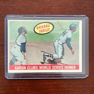 1959 Topps Baseball Card. Hank Aaron - Aaron Clubs World Series Homer. Card #467