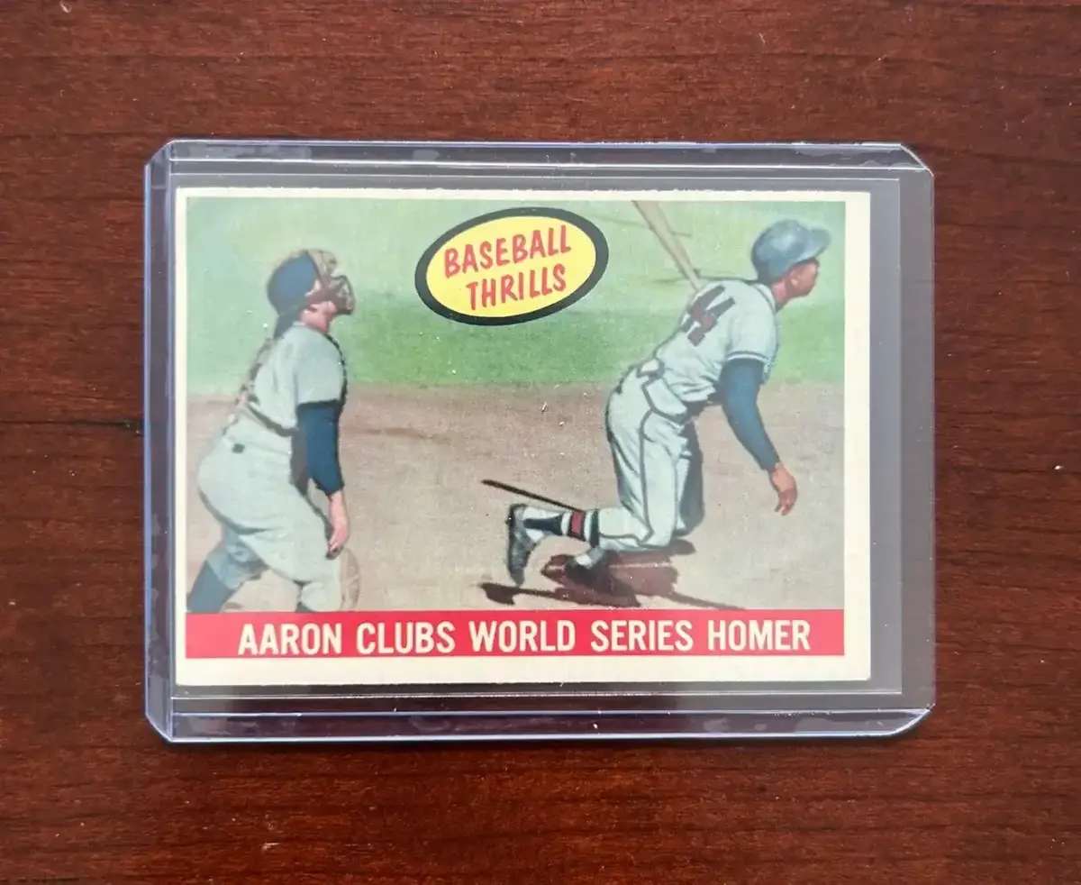 1959 Topps Baseball Card. Hank Aaron - Aaron Clubs World Series Homer. Card #467
