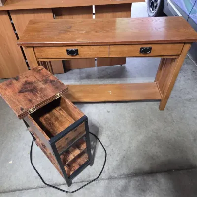 Mission-Style Oak Console Table with Powered Side Table