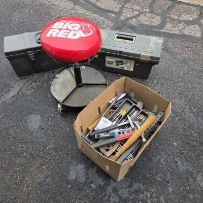 Large Garage Tool Lot with Torin Big Red Rolling Stool & Toolboxes