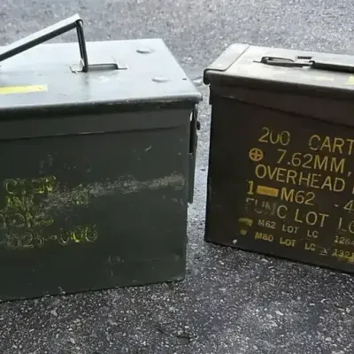 Vintage Military Ammo Cans with .22 LR Ammunition & Collectible Tins