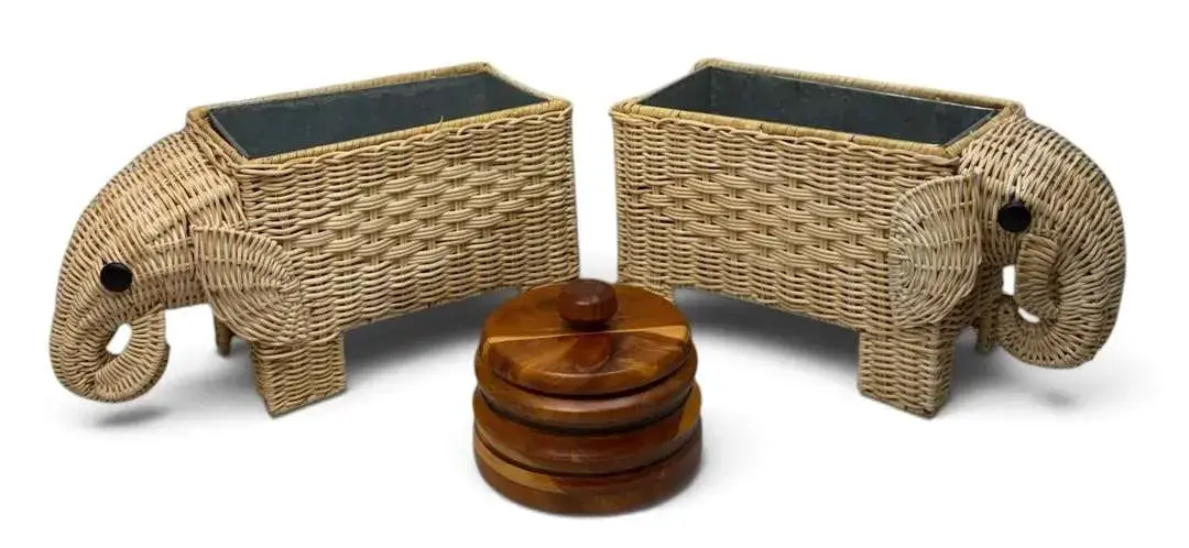 Wicker Elephants & Wooden Bowl w/ Lid