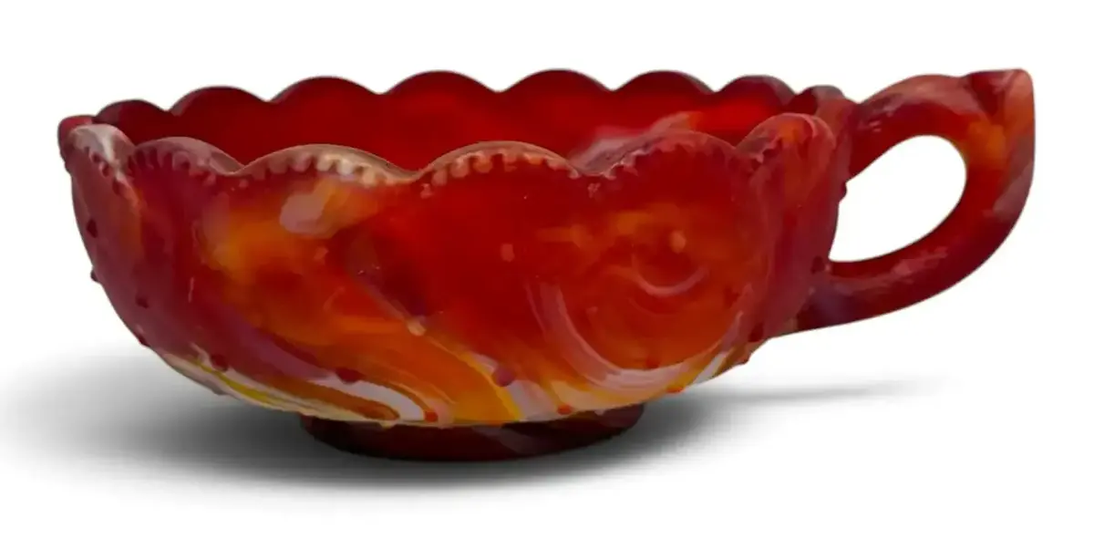Imperial Red Slag Glass Handled Candy Dish (UV Reactive)
