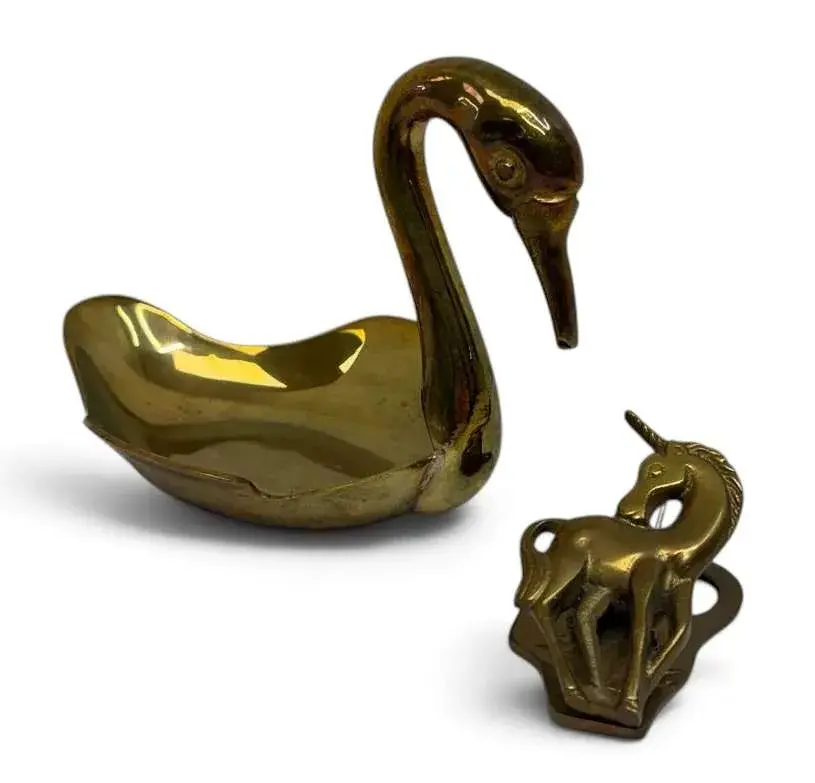 Brass Swan Trinket Dish & Unicorn Clip