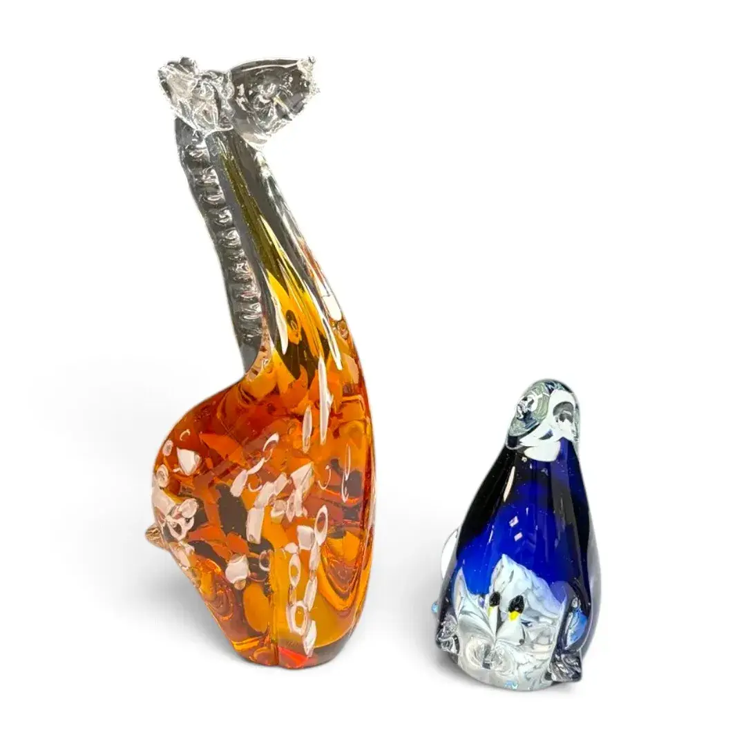 Vintage “Fifth Avenue Crystal 10"  Orange Giraffe” & Blue Penguin Animal Art Glass