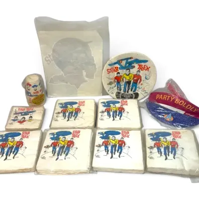 Vintage 1979-1993 Disposable Star Trek: Transfer, Plastic Cups, Napkins, Plates, & Party Visors
