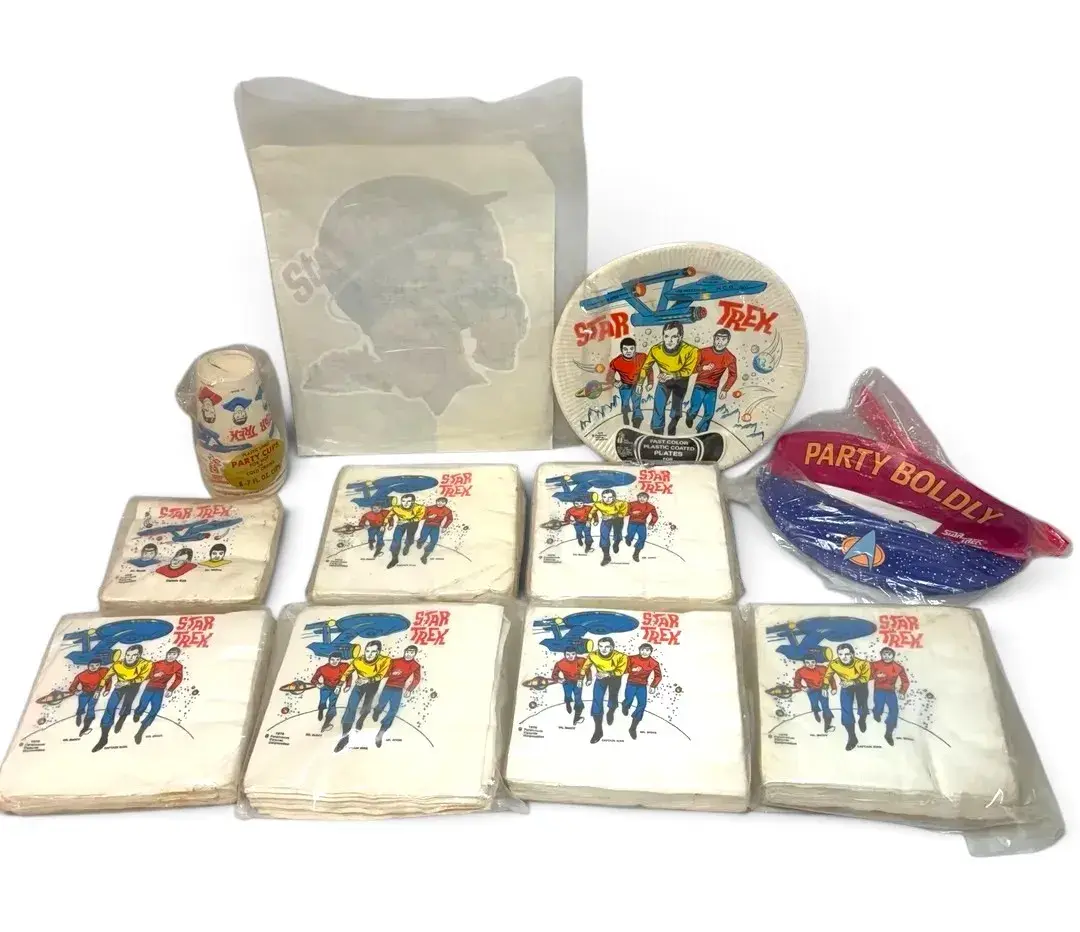 Vintage 1979-1993 Disposable Star Trek: Transfer, Plastic Cups, Napkins, Plates, & Party Visors