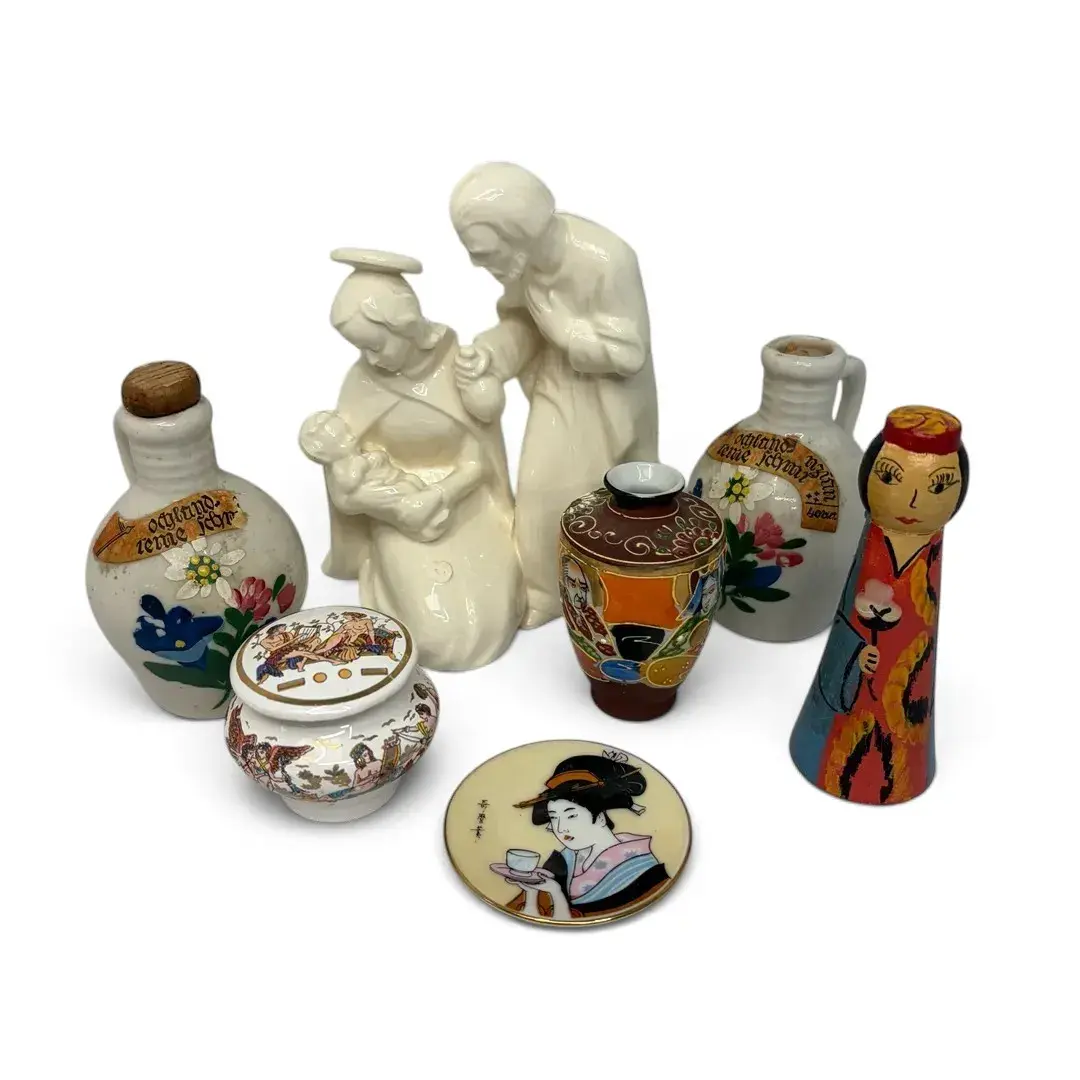 Small Ornate Pots, Plate, Porcelain Jesus Mary And Joseph 